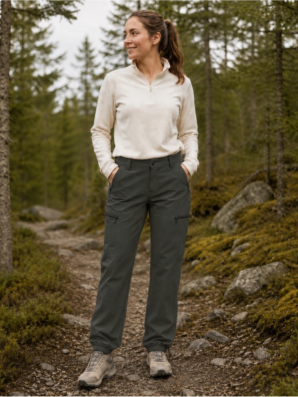 WindRiver Women’s 4 Grey Stretch Cargo Hiking Pants Zip Pockets Elastic bottom